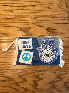 NWOT - T. Jazelle Boho Denim Hamsa Wristlet Pouch - Peace, Love & Blue.